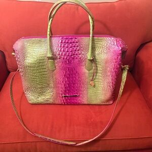 Brahmin Pink and Green Crocodile Embossed Weekend Bag